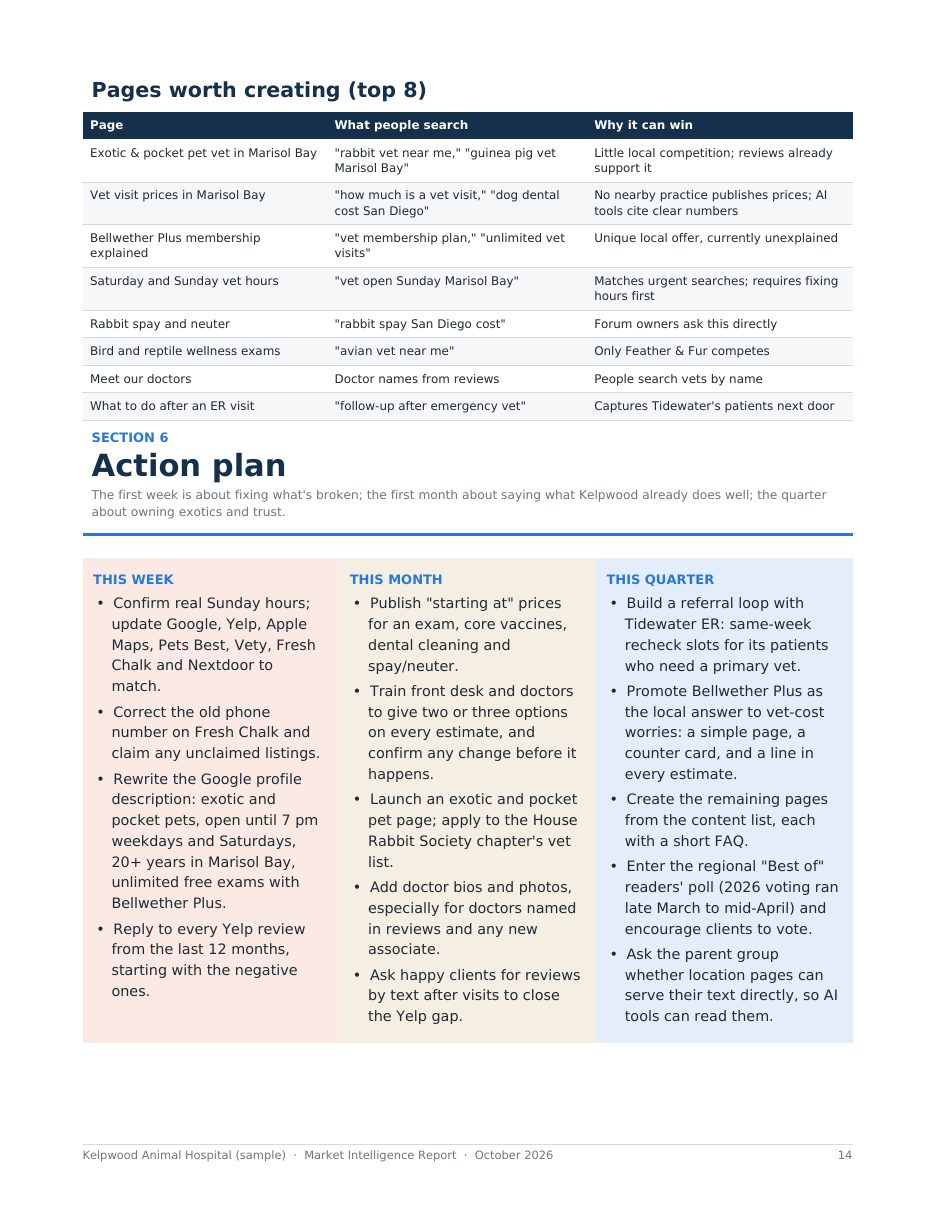 Sample report page 14: Pages worth creating + action plan